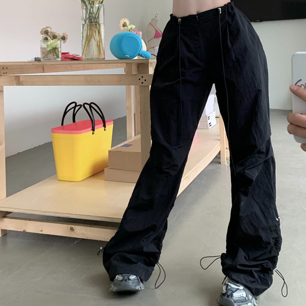 Y2K nylon ruched drawstring cargo pants parachute pants